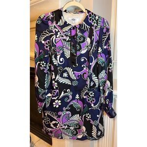 TIBI Women’s Navy Purple Long Sleeve 100% Silk  Tunic Dress Paisley Lined  Sz 2